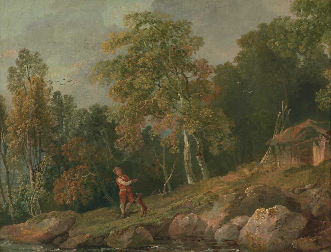 Paisagem arborizada com um Rapaz e o seu Cão de George Barret