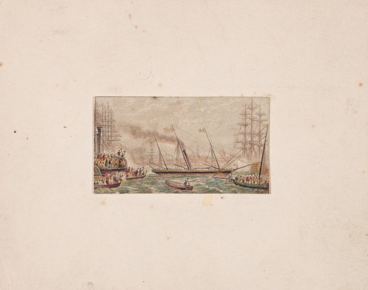 Impressão da caixa de agulhas: A Frota Real na Baía de Kilkenny (?) de George Baxter