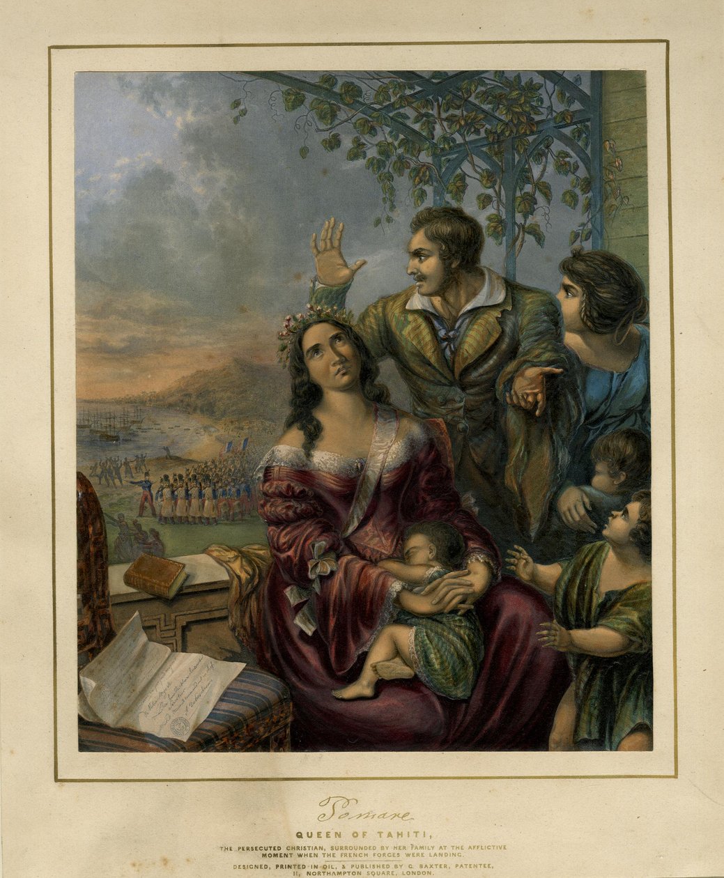 Pomare, rainha do Taiti, a cristã perseguida, por George Baxter, 1845, Museu Britânico de George Baxter