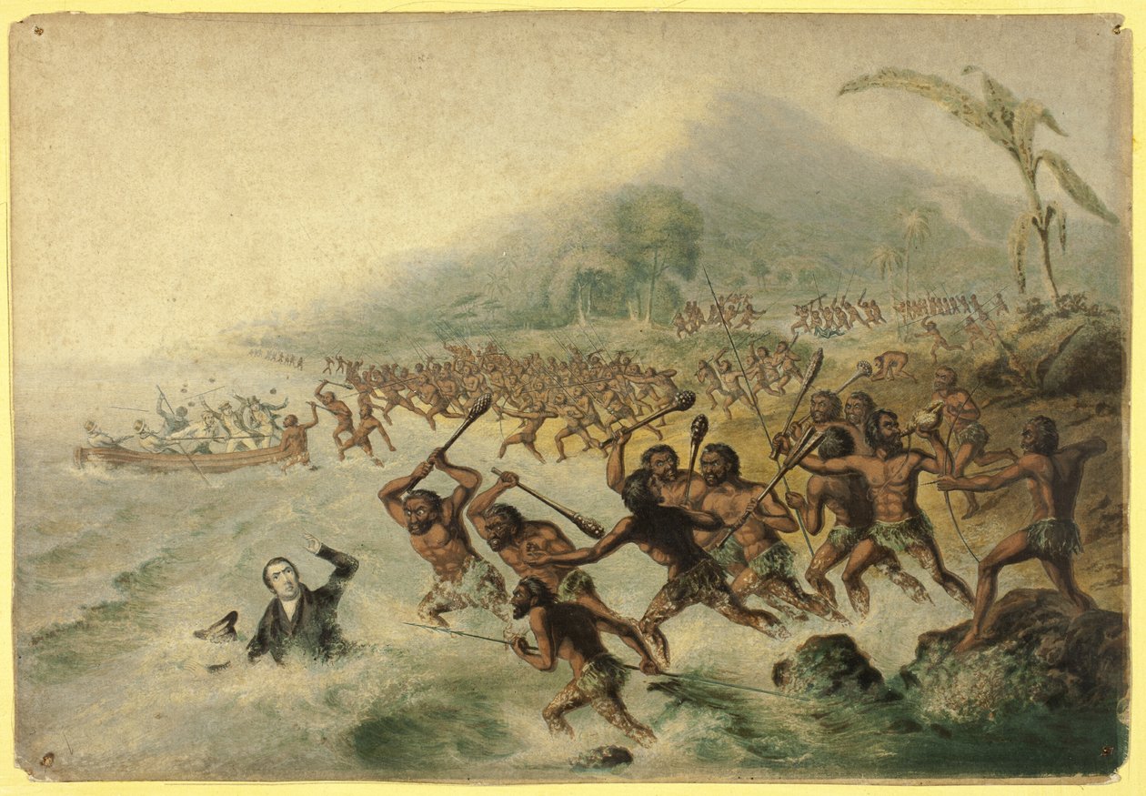 O Massacre do Missionário Lamentado, o Rev. J. Williams e o Sr. Harris de George Baxter