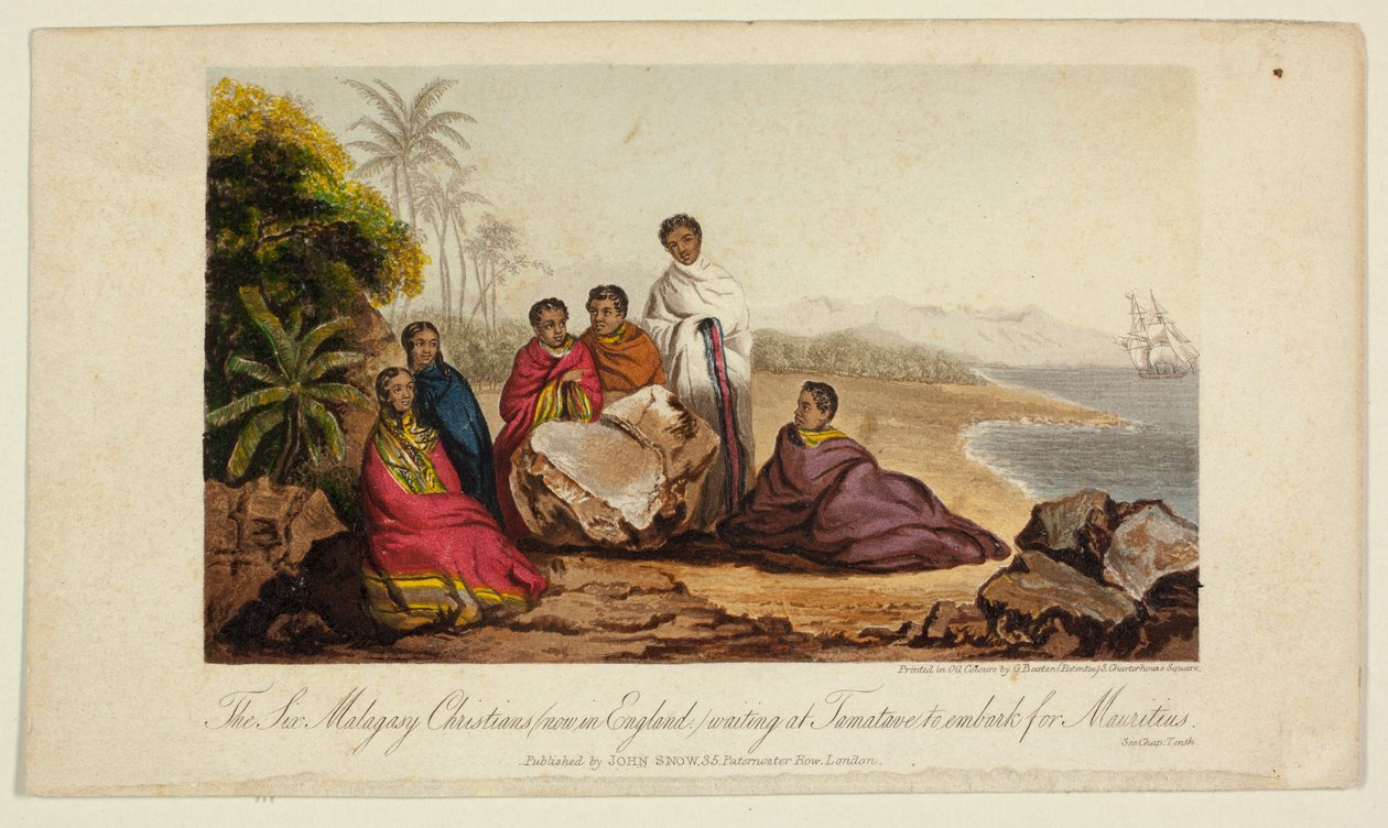 Os seis cristãos malgaxes (agora em Inglaterra) à espera em Tamatave para embarcar para as Maurícias de George Baxter
