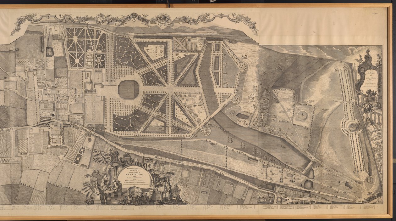 Um levantamento topográfico da Paróquia de Kensington com planos e elevações do Palácio Real e Jardins, Hyde Park e Knightsbridge de George Bickham