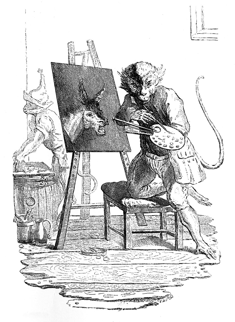 Um macaco que pinta um burro, 1753. de George Bickham