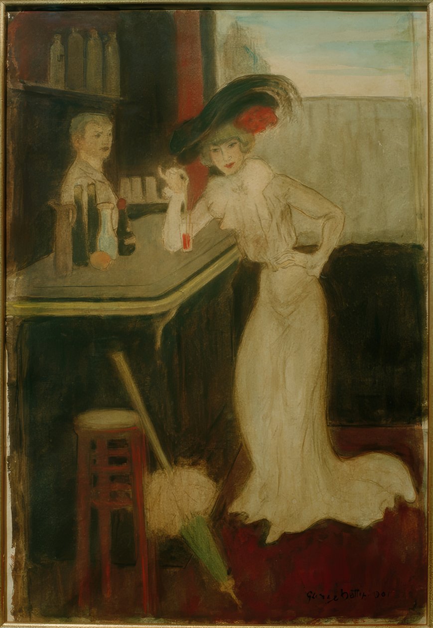 Mulher com guarda-chuva no bar de George Bottini