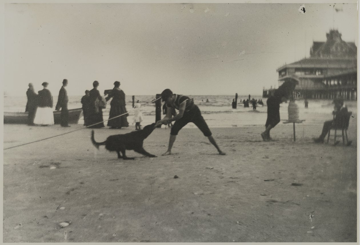 Menino e Cão, Cais de Ferro, Coney Island, Brooklyn, c.1885 (estampa de gelatina prateada impressa) de George Bradford Brainerd
