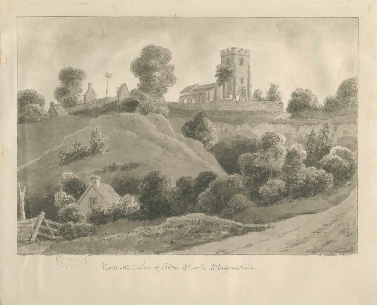 Igreja de Alton: desenho sépia, 1841 de George Buckler