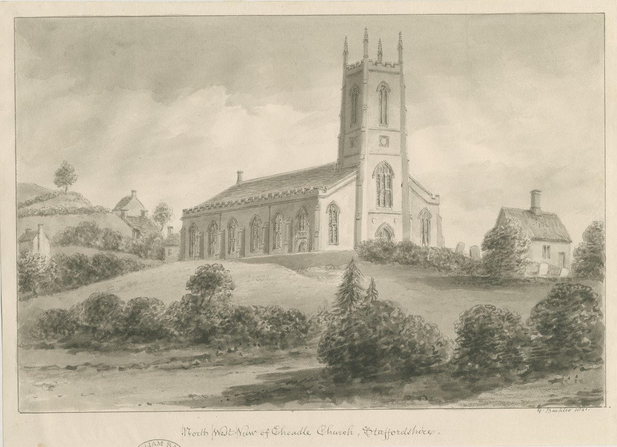 Igreja de Cheadle: desenho sépia de George Buckler