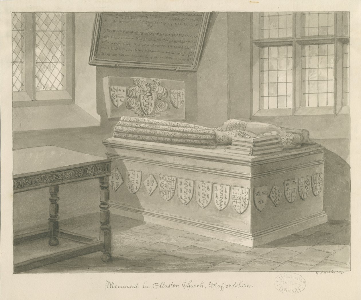 Igreja Ellastone - Monumento a Sir John Fleetwood: desenho em sépia, 1841 de George Buckler