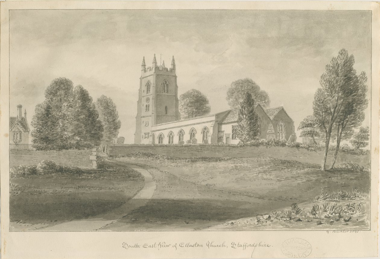 Igreja de Ellastone: desenho em sépia, 1841 de George Buckler
