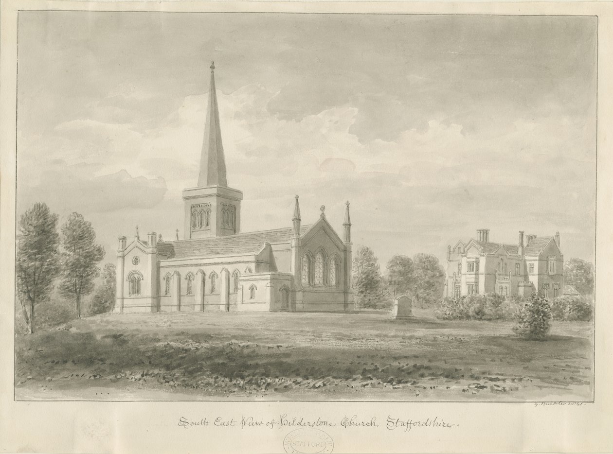 Igreja de Hilderstone: desenho em sépia, 1841 de George Buckler