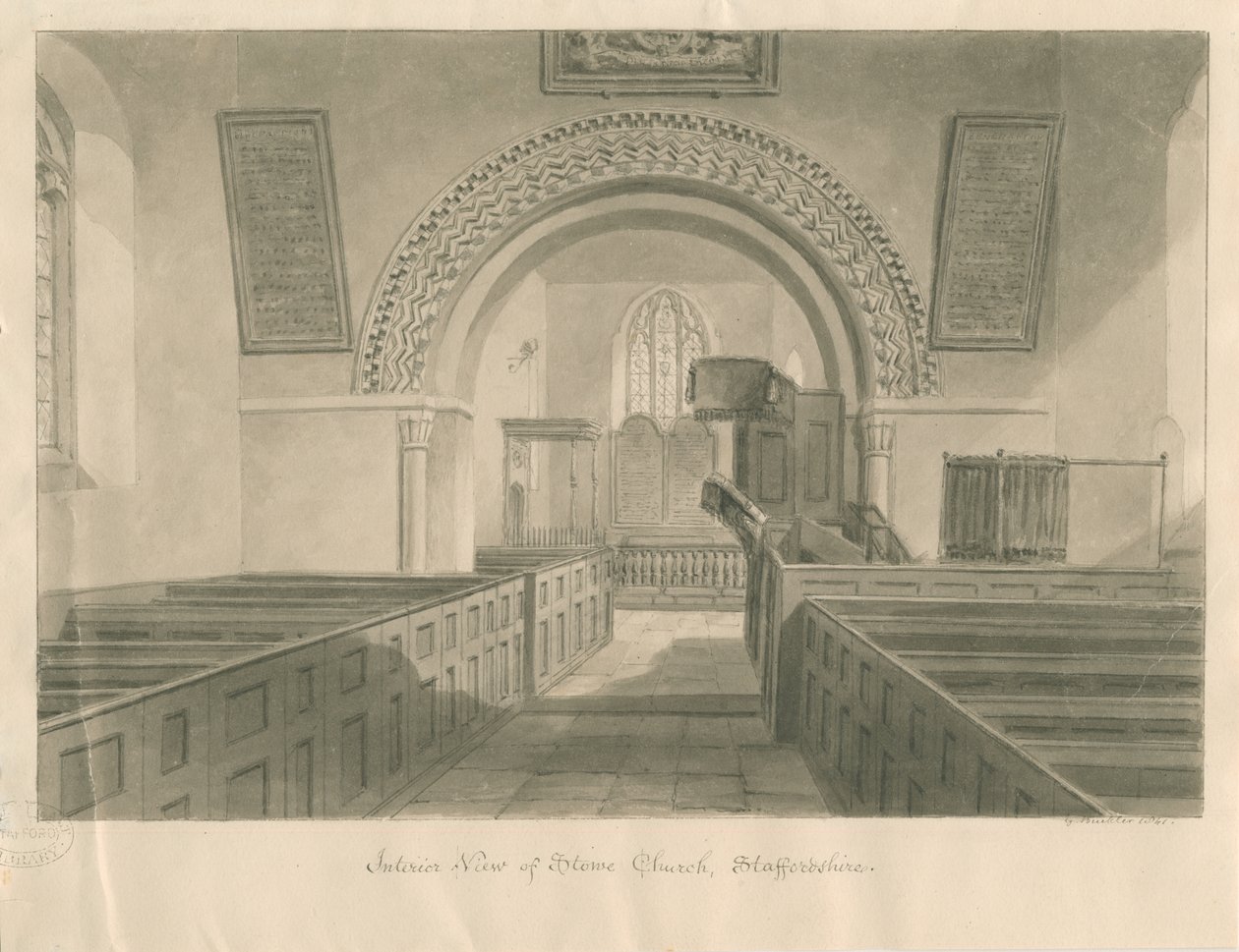 Interior da Igreja de Stowe: desenho em sépia de George Buckler