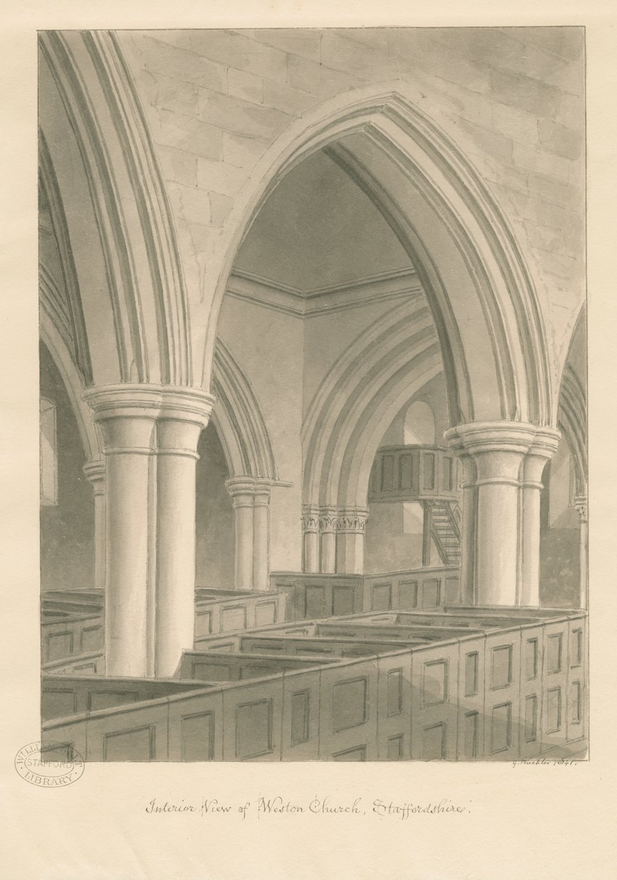 Interior da Igreja Weston-on-Trent: desenho em sépia, 1841 de George Buckler