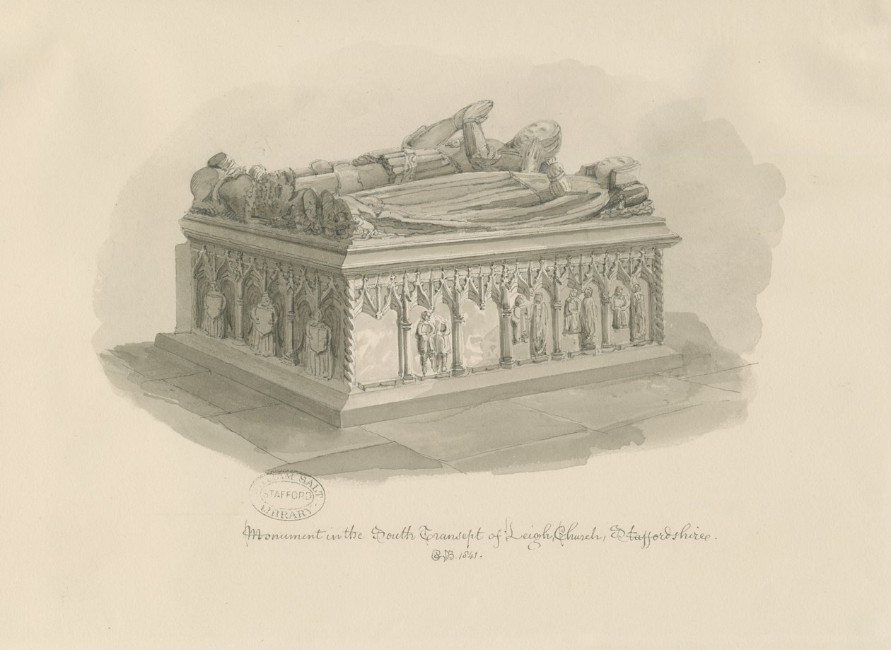 Igreja Leigh - Monumento de Sir John Aston: desenho em sépia, 1841 de George Buckler