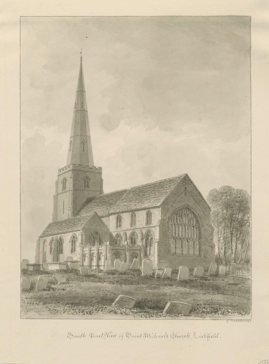 Lichfield - Igreja de São Miguel: desenho em sépia de George Buckler