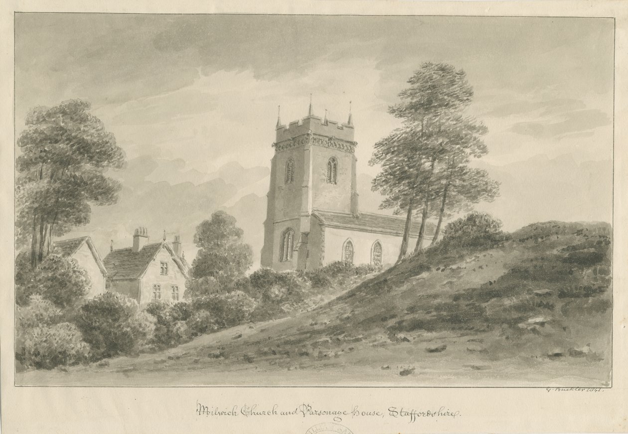 Milwich Church e Parsonage House: desenho em sépia de George Buckler