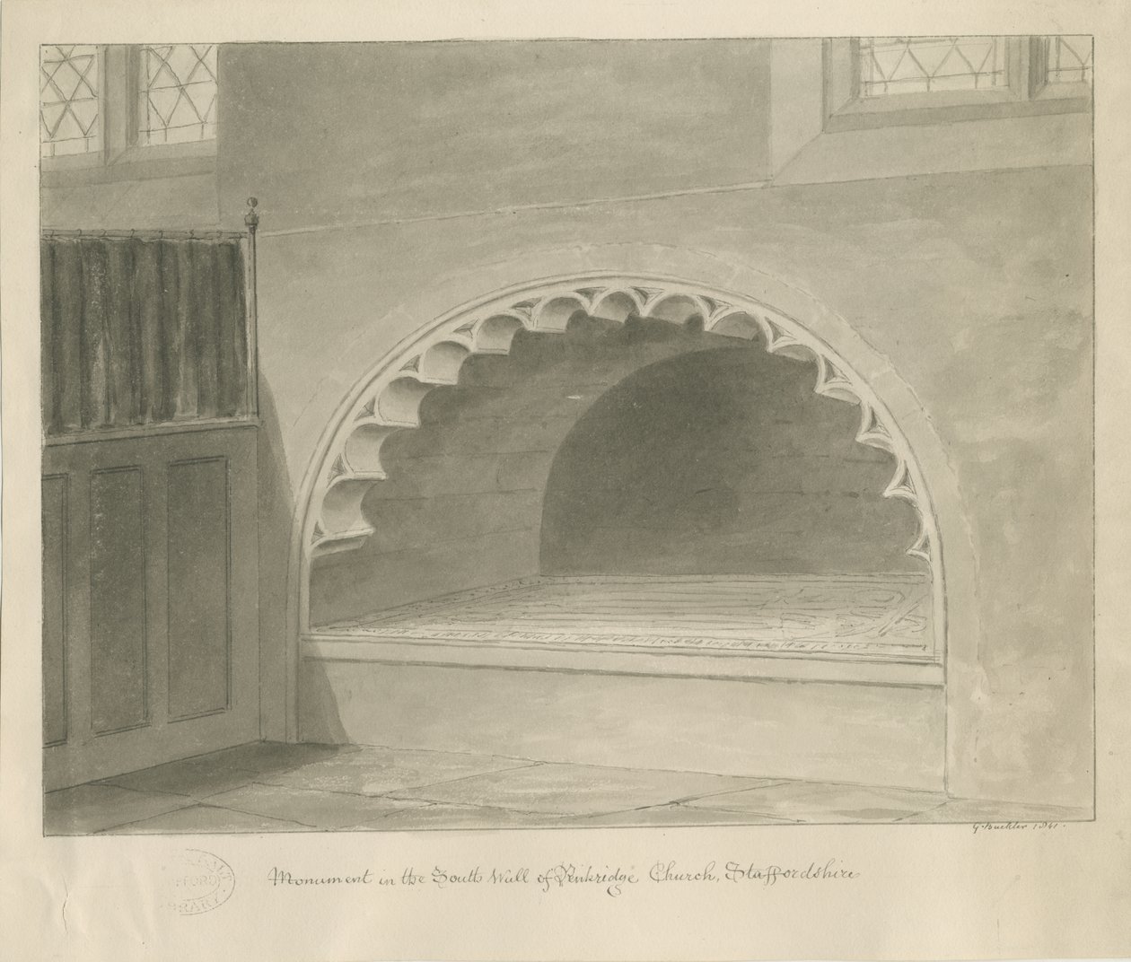 Igreja Penkridge - Monumento na Parede Sul: desenho em sépia, 1841 de George Buckler