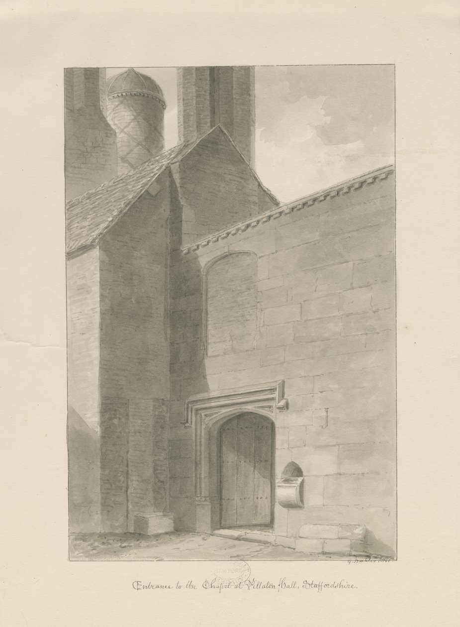 Pillaton Hall - Entrada da Capela: desenho sépia de George Buckler