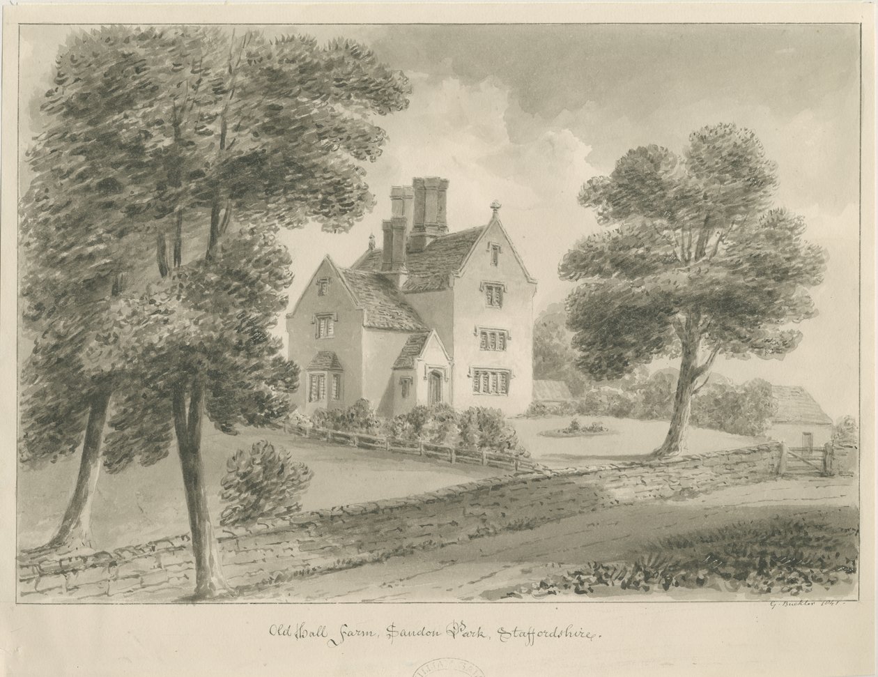Sandon - Old Hall Farm: desenho em sépia de George Buckler