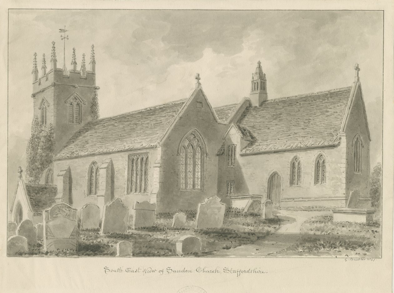 Igreja de Sandon: desenho em sépia, 1841 de George Buckler