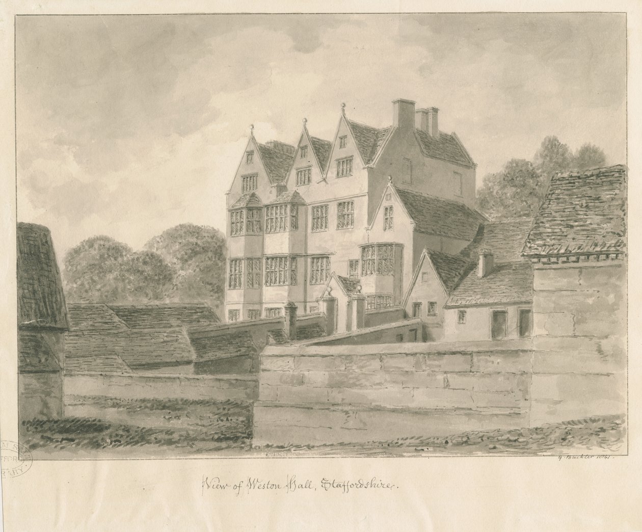Weston-on-Trent - Hall: desenho em sépia, 1841 de George Buckler