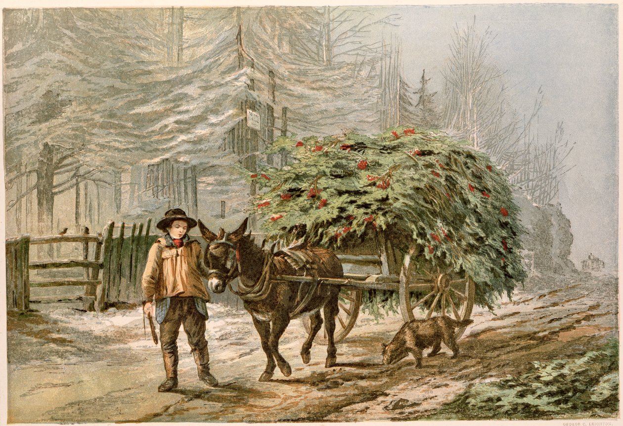 Menino levando um burro e carrinho, chromolitho de cartão de Natal vitoriana de George C. Leighton