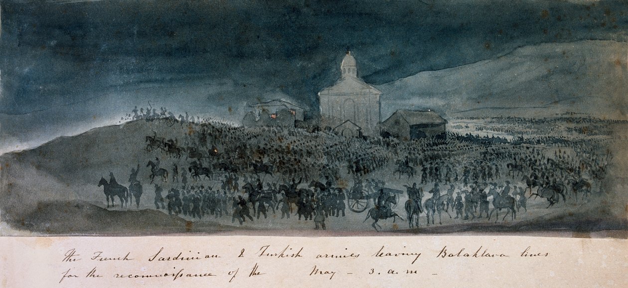 Os exércitos francês, da Sardenha e da Turquia deixando as linhas de Balaklava para um reconhecimento, 1854 por volta de de George Cadogan
