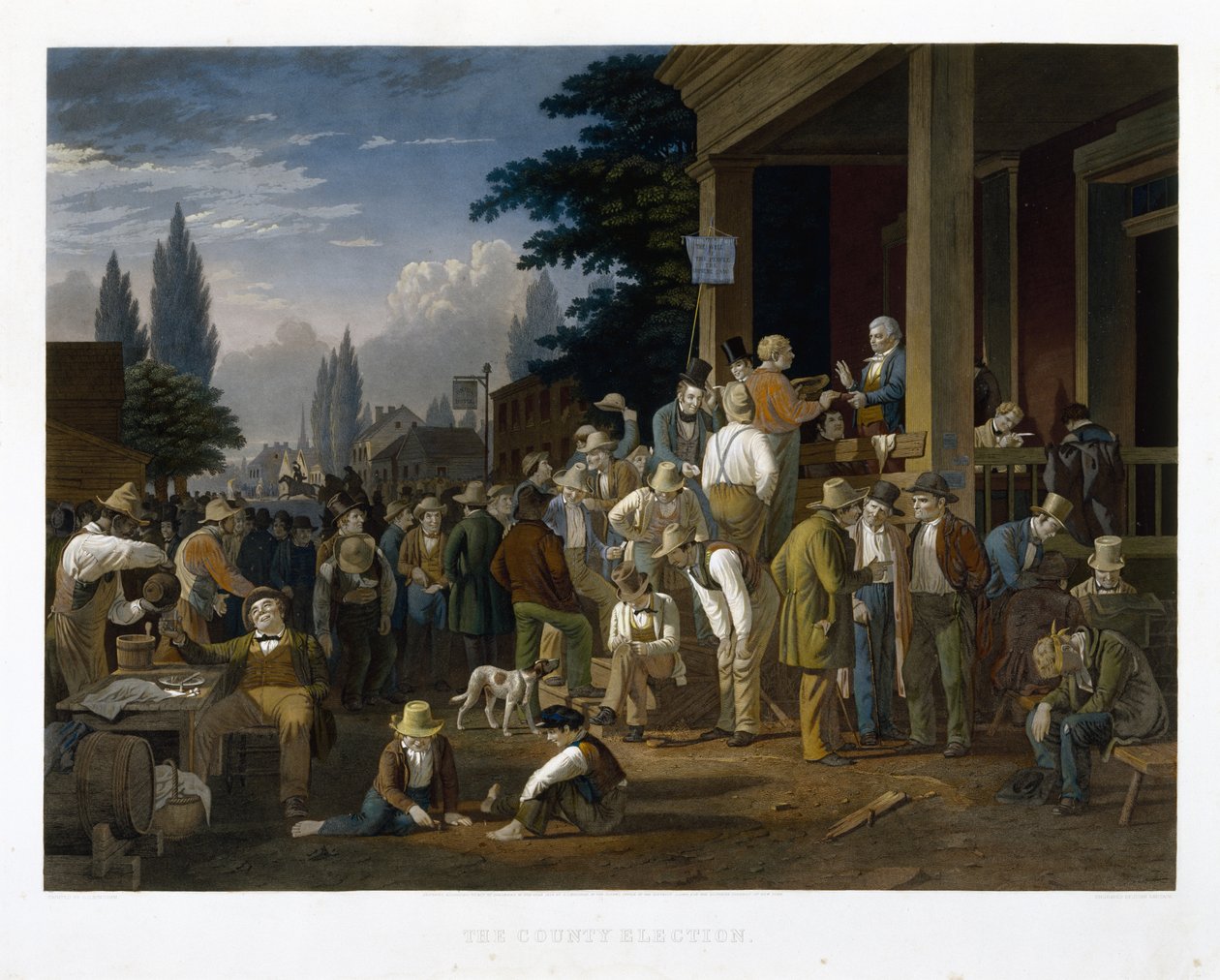 A eleição do condado, 1854 (mezzotint e linha de gravura com a mão original para colorir) de George Caleb Bingham