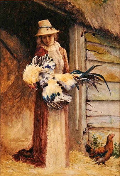 Uma Mulher segurando um Cockerel (aguarela sobre papel) de George Carline