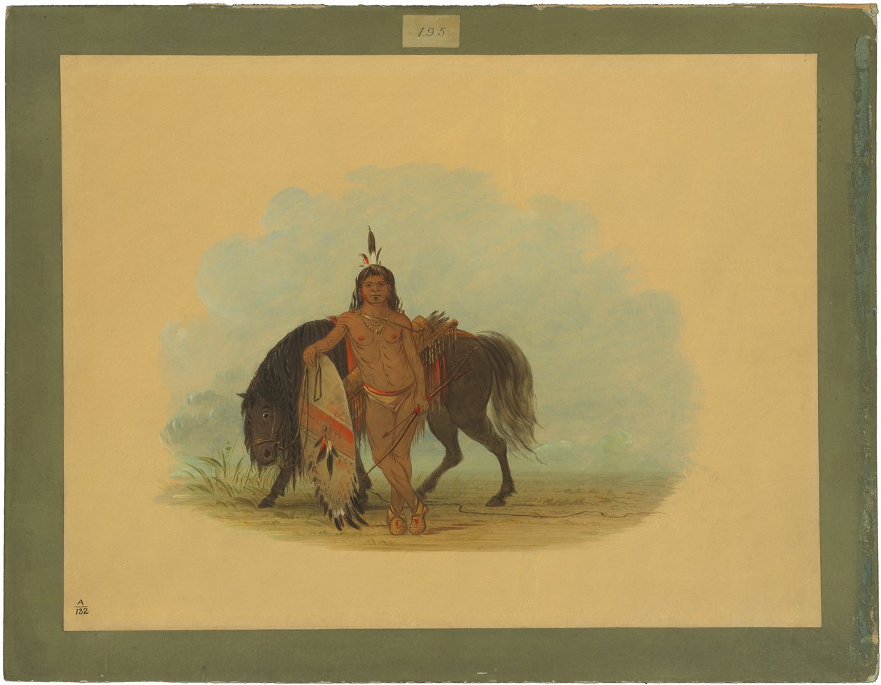 Um guerreiro Cheyenne descansando seu cavalo de George Catlin