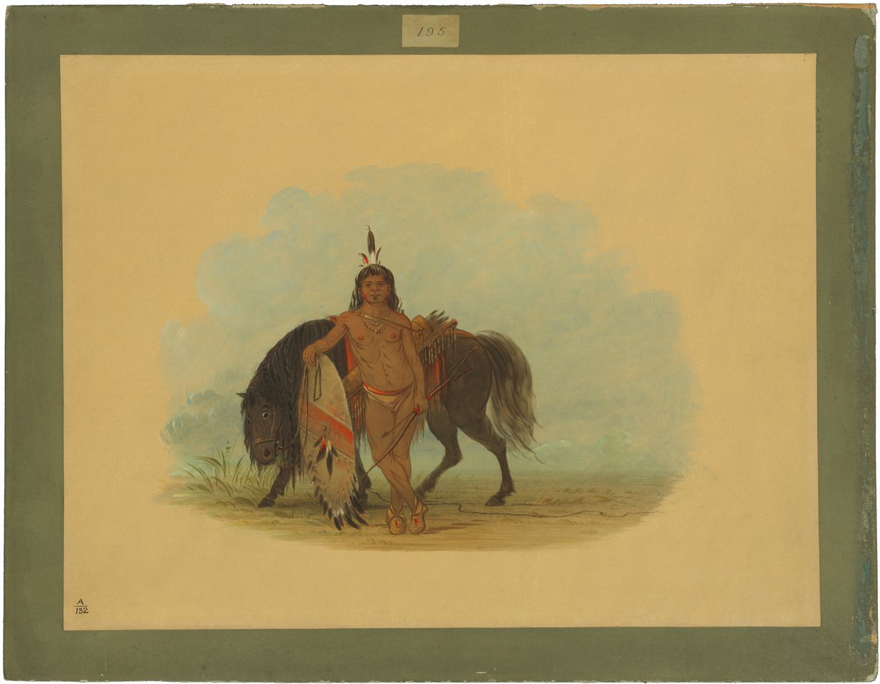 Um guerreiro cheyenne descansando o seu cavalo de George Catlin