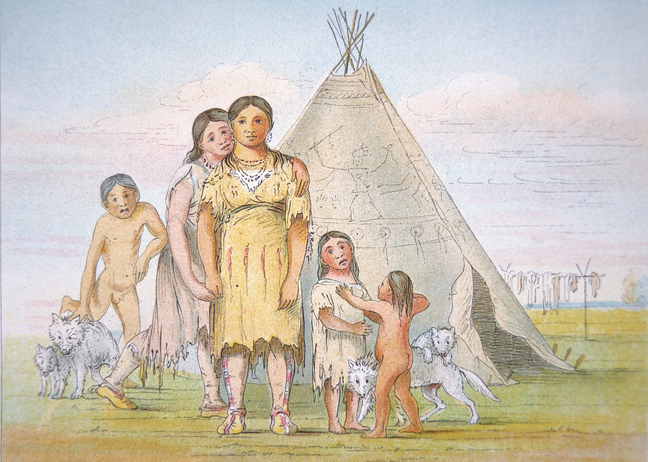 Uma família Comanche fora do seu teepee de George Catlin