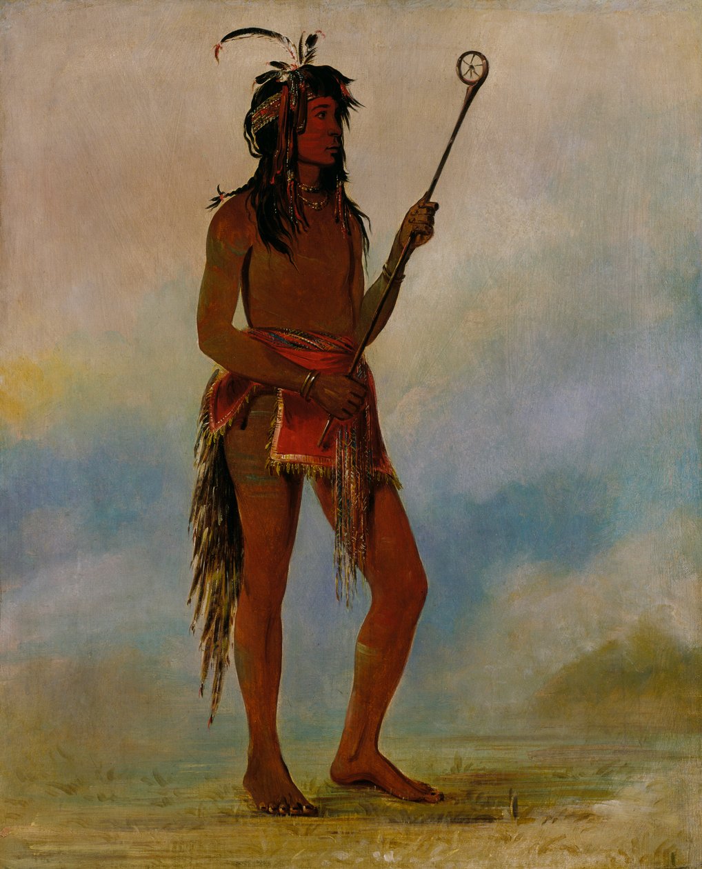 Ah-nó-je-nahge, Aquele que fica em ambos os lados, um jogador de bola distinto, 1835. de George Catlin