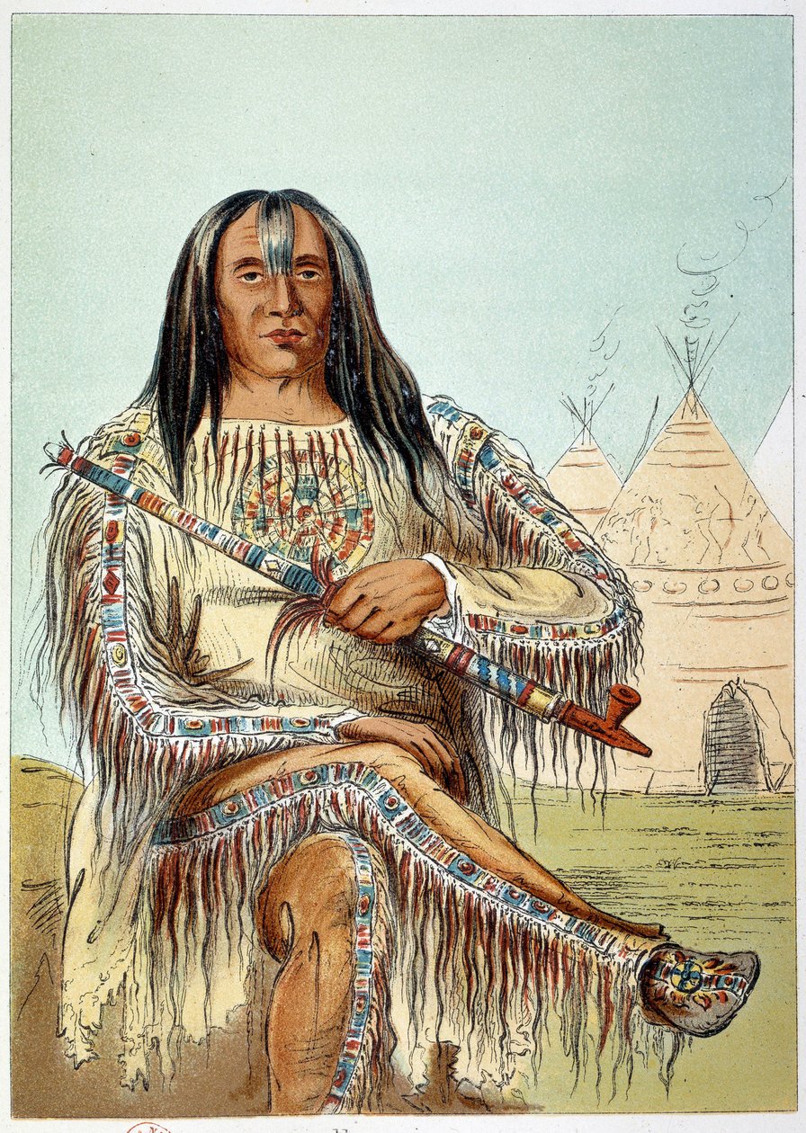 Índios americanos: Retrato de um líder da tribo Blackfoot (pés pretos) com cerca de 50 anos. Ilustração de George Catlin (1794-1872) de George Catlin