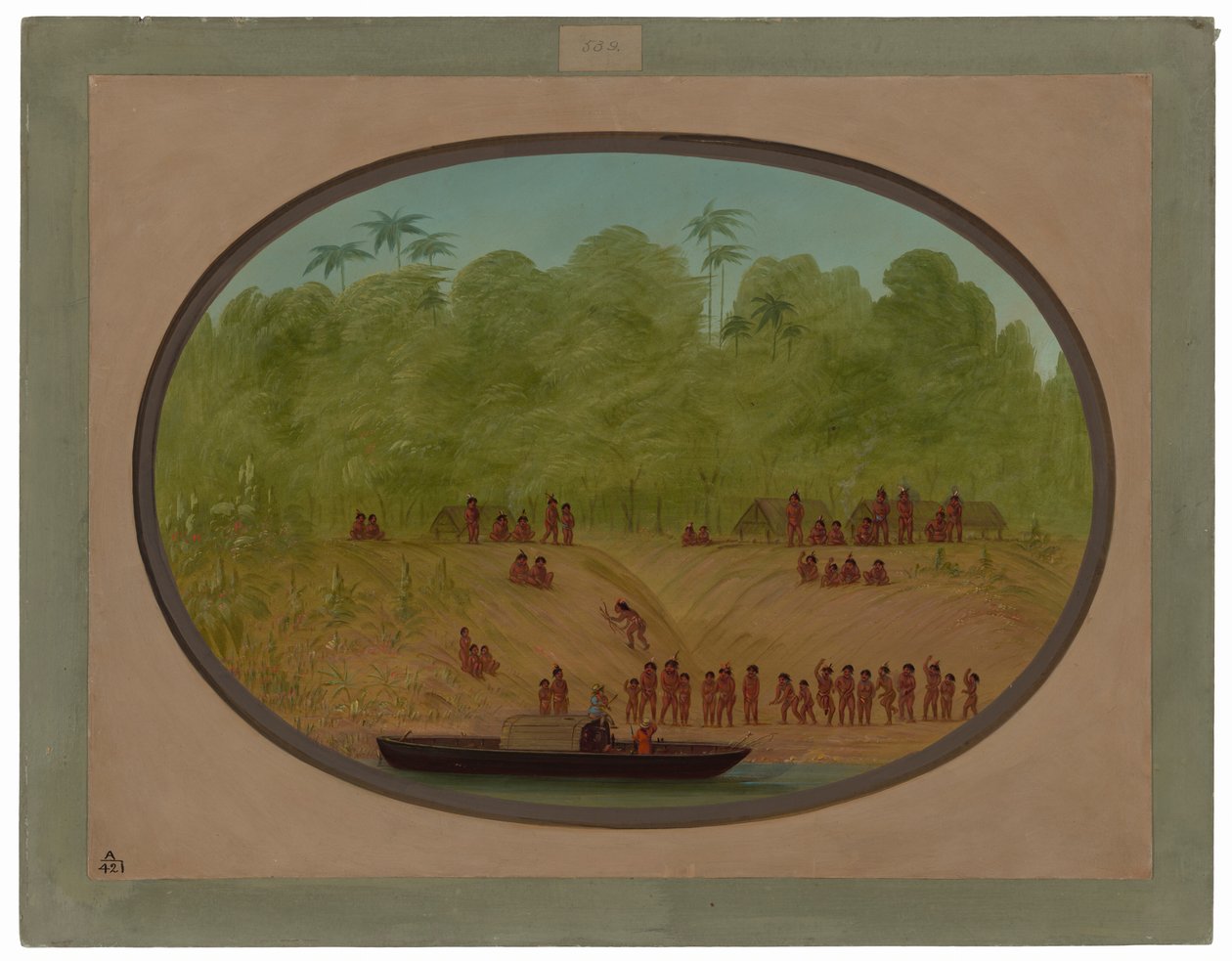 Uma aldeia de Omagua - Esboço de um barco de George Catlin