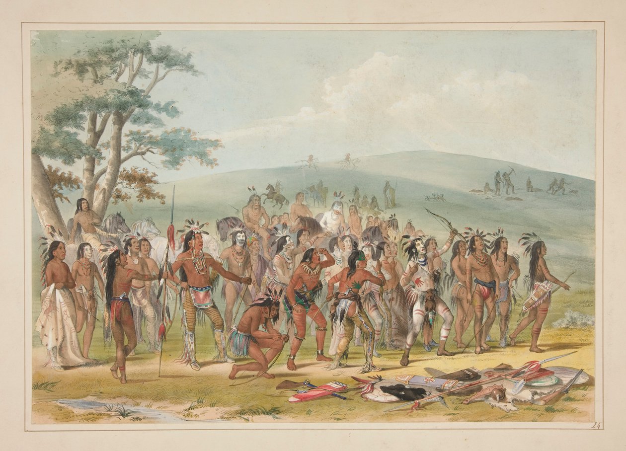 Arco e flecha dos Mandans, pl. 24 do Portfólio dos Índios da América do Norte de George Catlin
