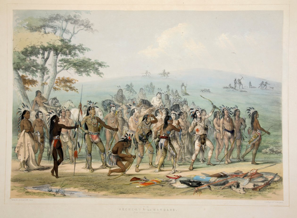 Tiro com arco dos Mandans, pub. Litografia colorida de 1845. de George Catlin