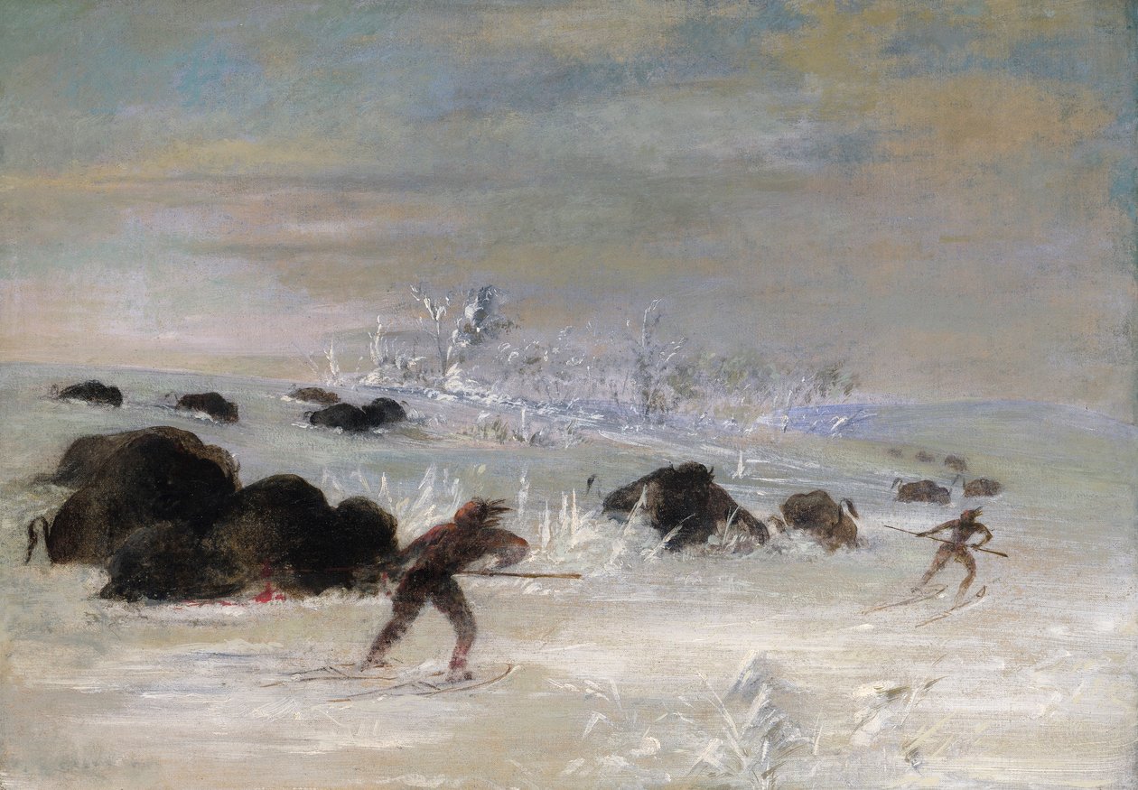Índios Assiniboine perseguindo búfalos com raquetes de neve de George Catlin
