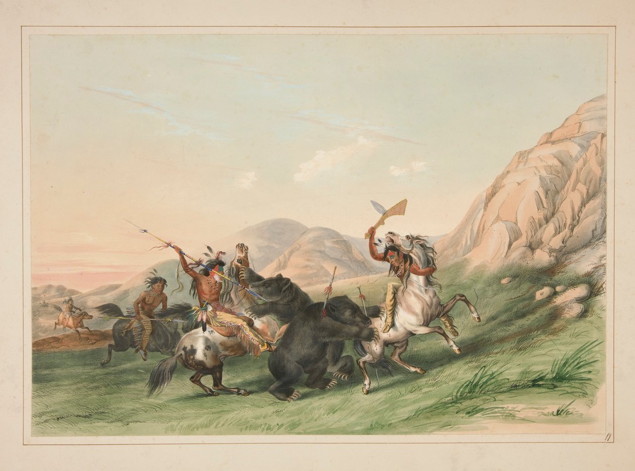 Atacando o Urso Pardo, pl. 19 da carteira indígena norte-americana de George Catlin