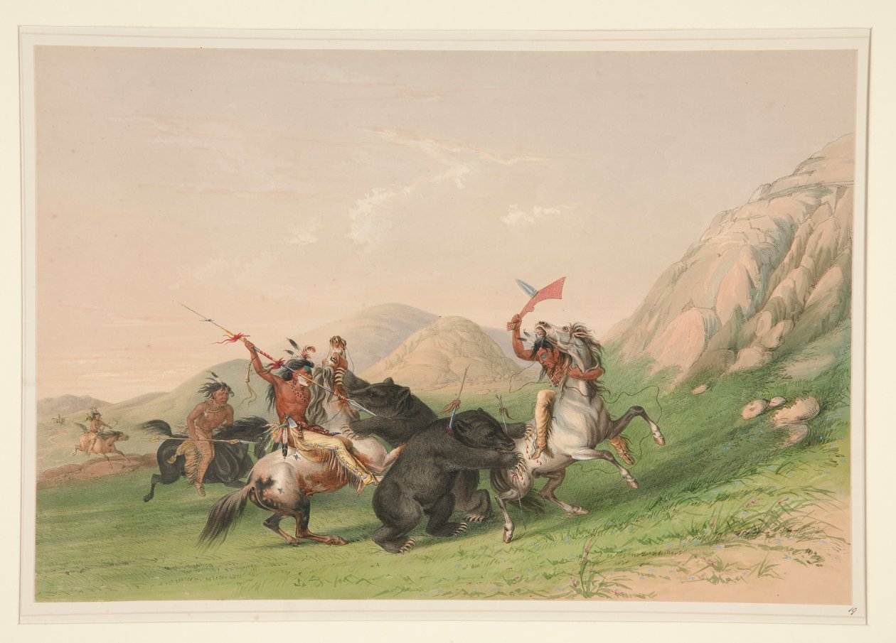 Atacando o Urso Pardo, pl. 19 da carteira indígena norte-americana de George Catlin