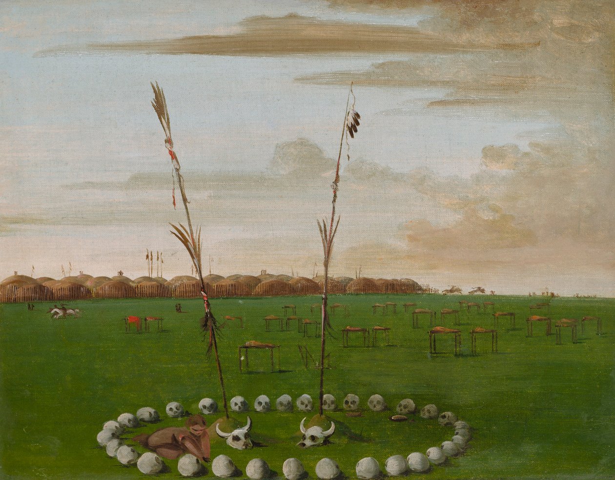 Vista traseira da aldeia de Mandan, mostrando o cemitério de George Catlin