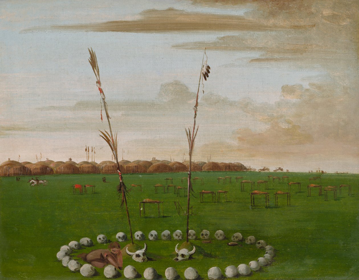 Vista traseira da vila de Mandan, mostrando o cemitério, 1832. de George Catlin