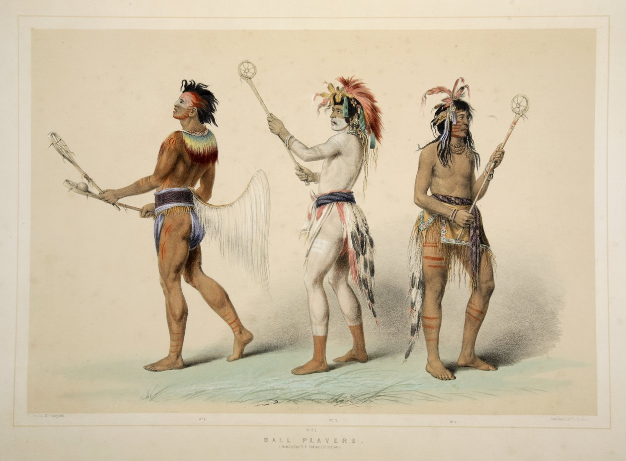 Jogadores de bola, da Catlins North American Indian Portfolio. Cenas de caça e diversões das Montanhas Rochosas e Prairies of America, pub. 1845 de George Catlin