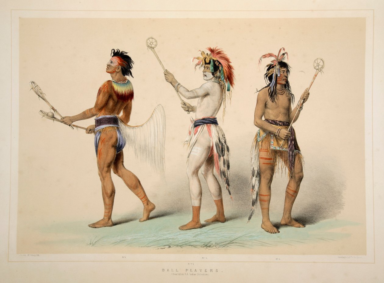 Jogadores de bola, bar. Litografia colorida de 1845. de George Catlin