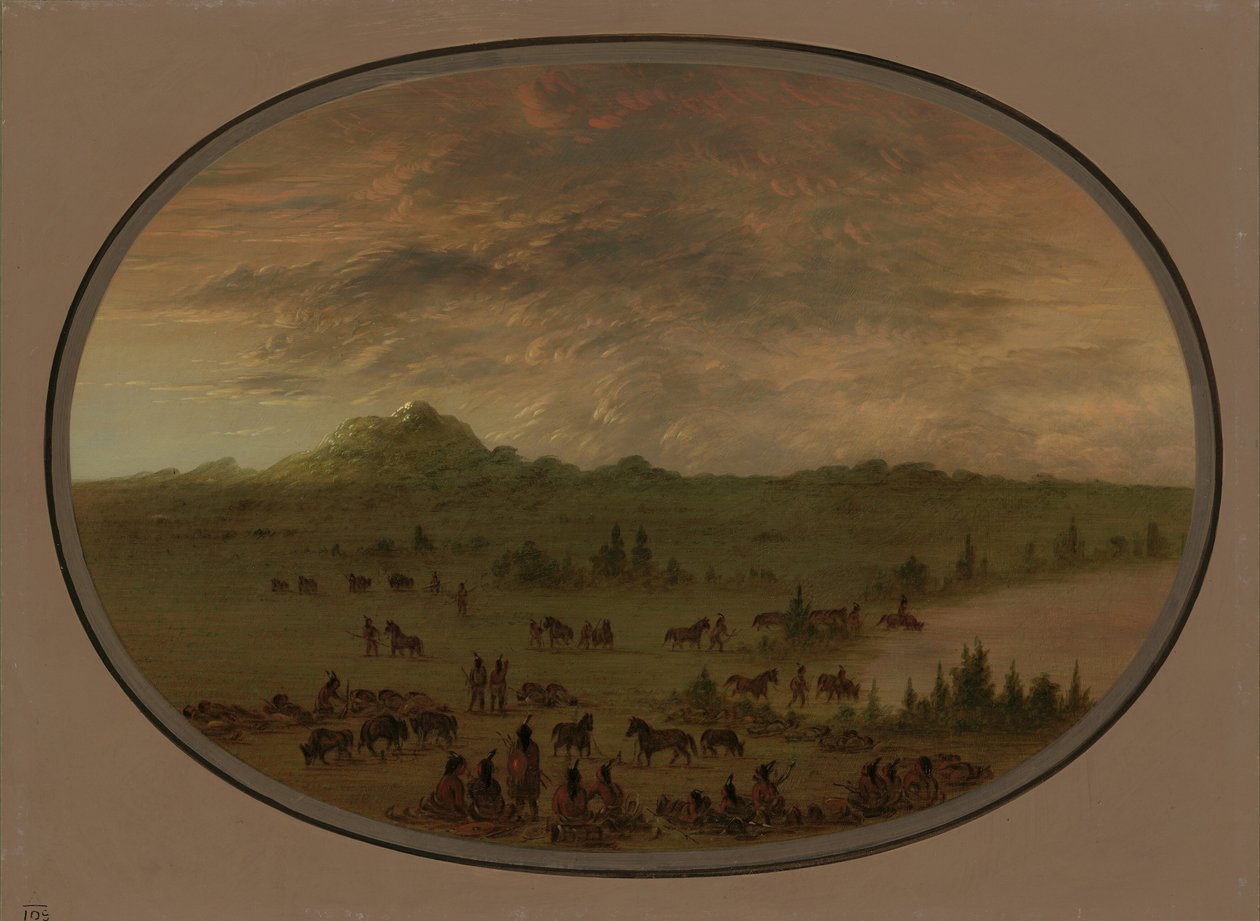 Bivouac de um partido de guerra Sioux ao nascer do sol, 18611869. de George Catlin
