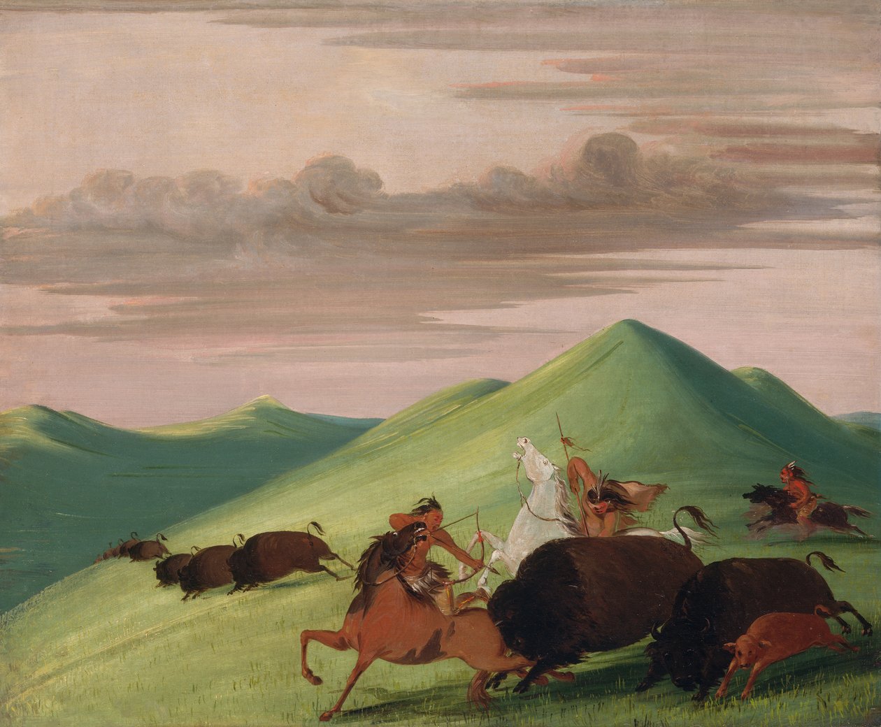Buffalo Chase, Touro Protegendo uma Vaca e Bezerro, 1832-1833. de George Catlin