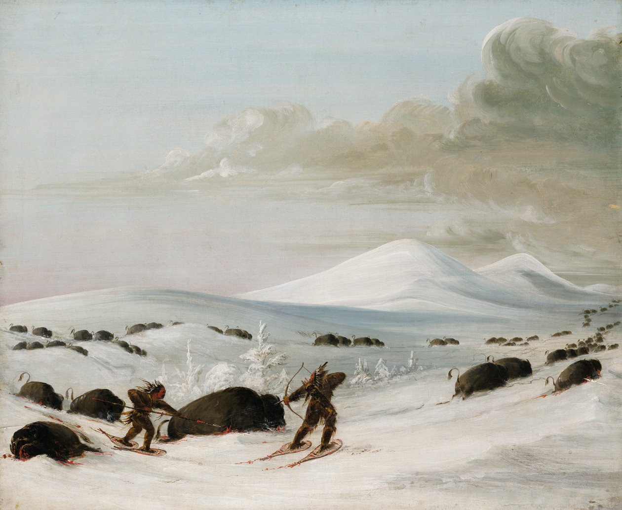 Buffalo Chase em Snowdrifts, índios perseguindo em raquetes de neve, 1832-1833. de George Catlin