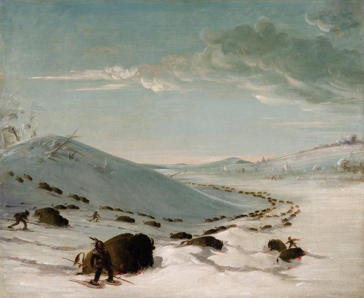 Buffalo Chase no inverno, índios em raquetes de neve de George Catlin