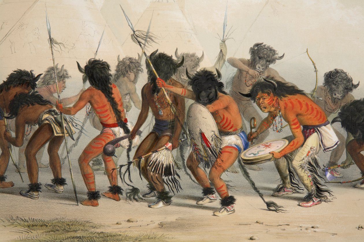 Detalhe da dança do búfalo, pub. Litografia colorida de 1845. de George Catlin