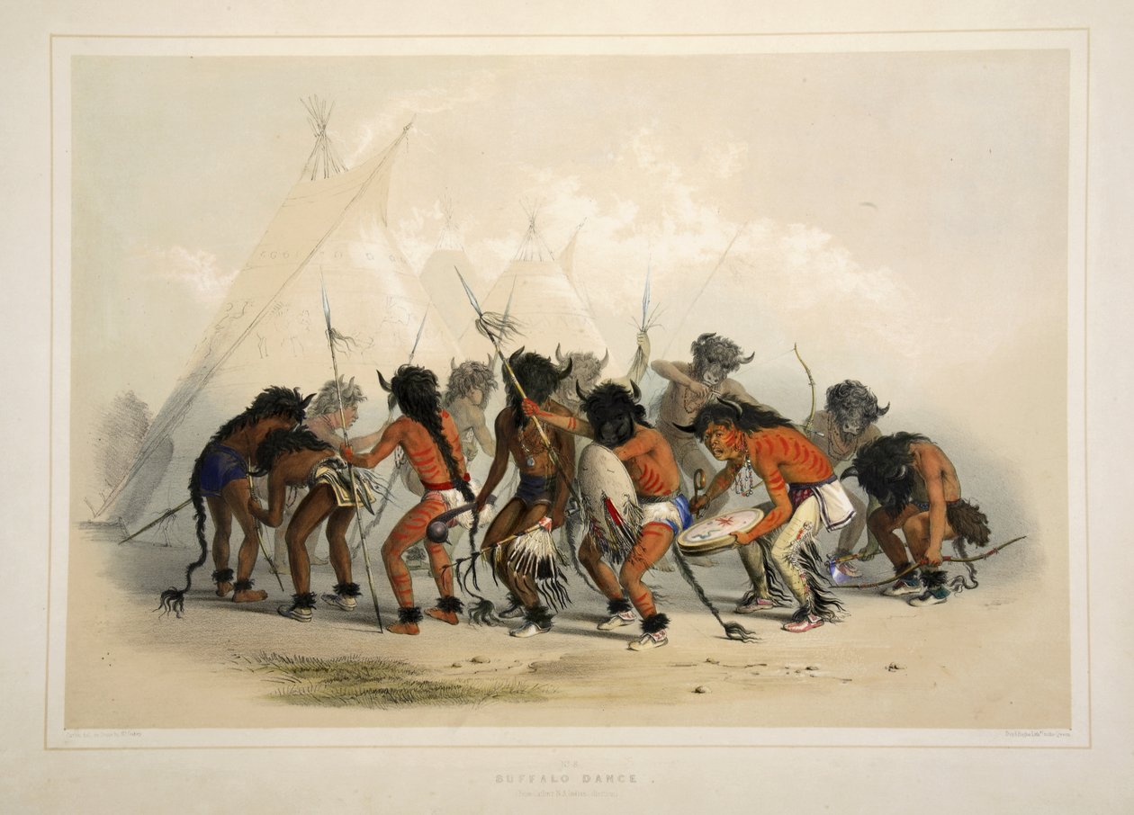 Buffalo Dance, da Catlins North American Indian Portfolio. Cenas de caça e diversões das Montanhas Rochosas e Prairies of America, pub. 1845 de George Catlin