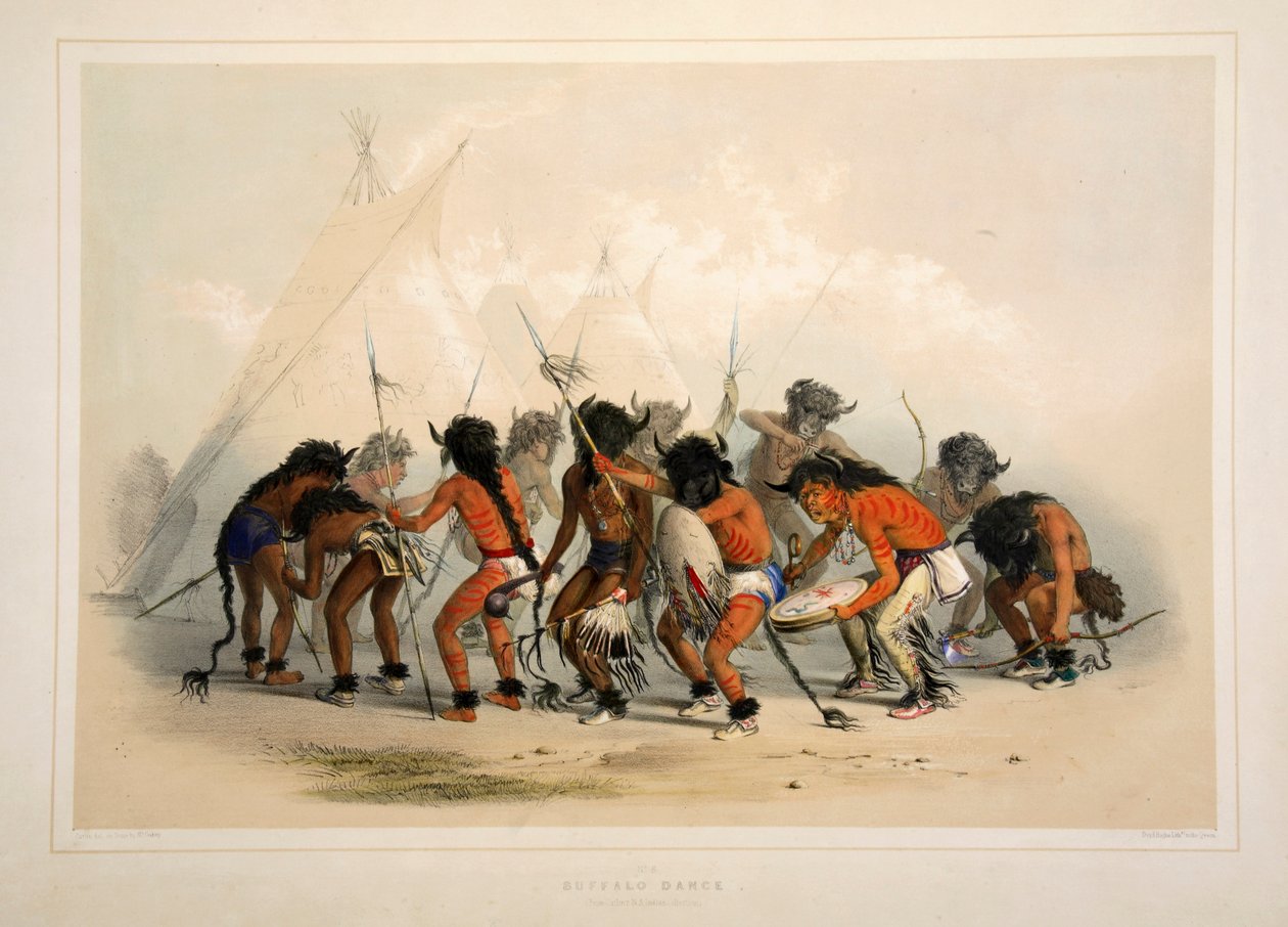 Buffalo Dance, pub. Litografia colorida de 1845. de George Catlin